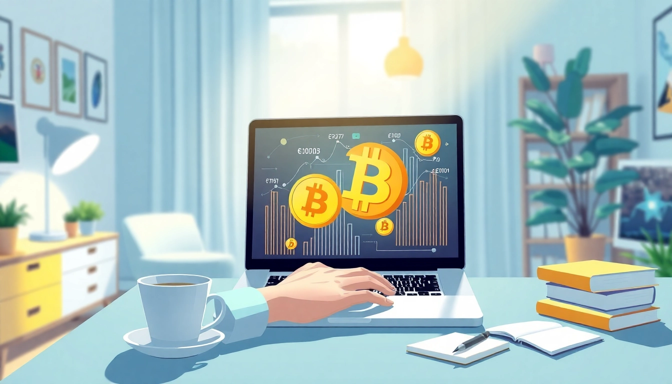 Acheter bitcoin en ligne de manière simple et rapide avec un ordinateur portable dans un bureau moderne.