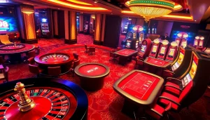 Experience thrilling bets at MK8.COM in a luxurious casino setting with vibrant poker tables and slot machines.