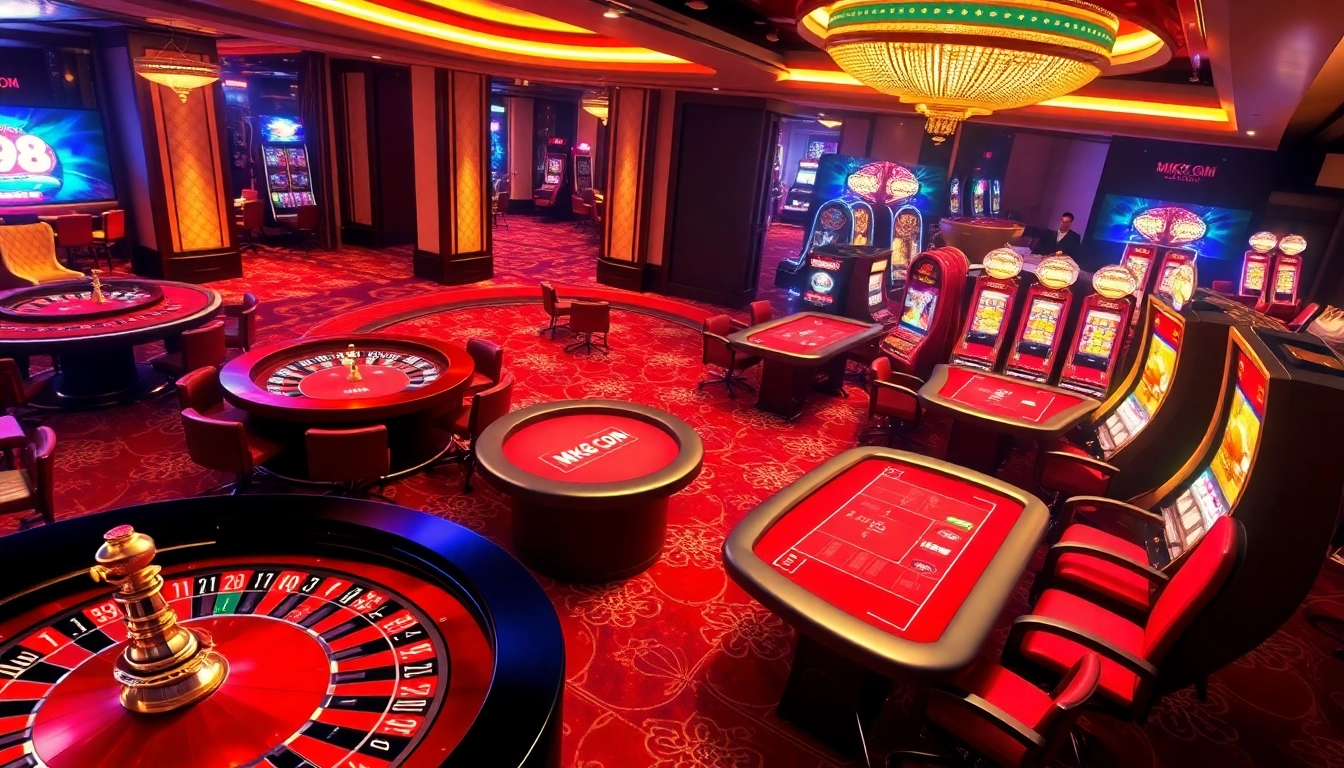 Experience thrilling bets at MK8.COM in a luxurious casino setting with vibrant poker tables and slot machines.