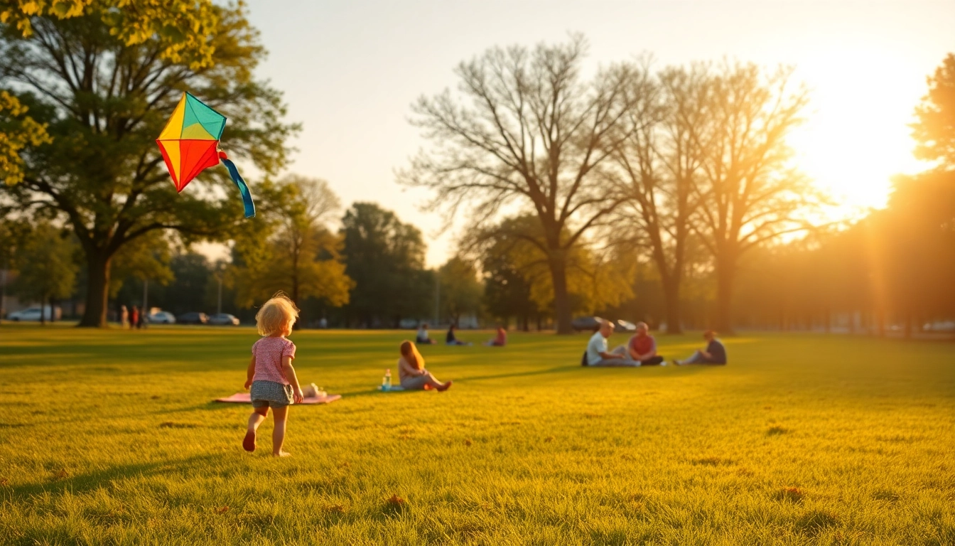 Families enjoying a picnic in Clarksburg's serene park during golden hour, with a child flying a kite.