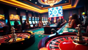 Intense gaming action featuring a roulette table and poker chips, showcasing the link 789club experience.
