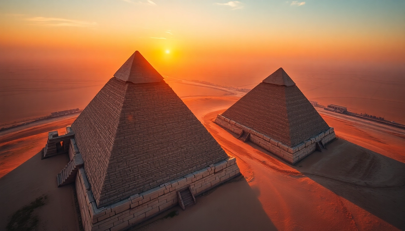 View the majestic pyramids in a stunning sunset, highlighting piraminds' grandeur and timeless beauty.