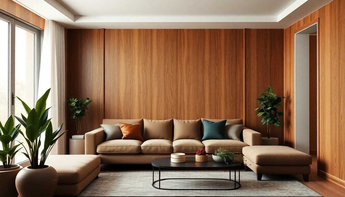 Stylish interior showcasing wall paneling with natural wood finish, creating a cozy ambiance.