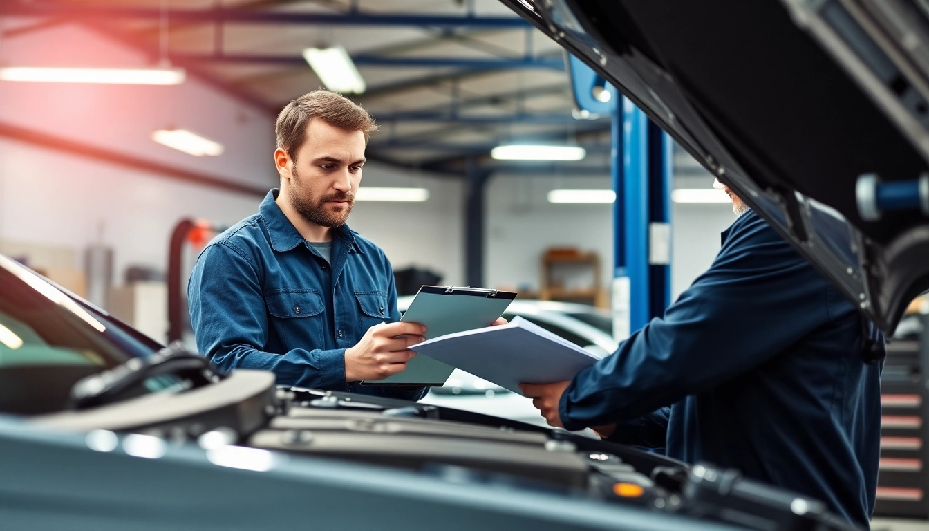 Detailing a vehicle service contract with a mechanic inspecting an engine in a bright garage.