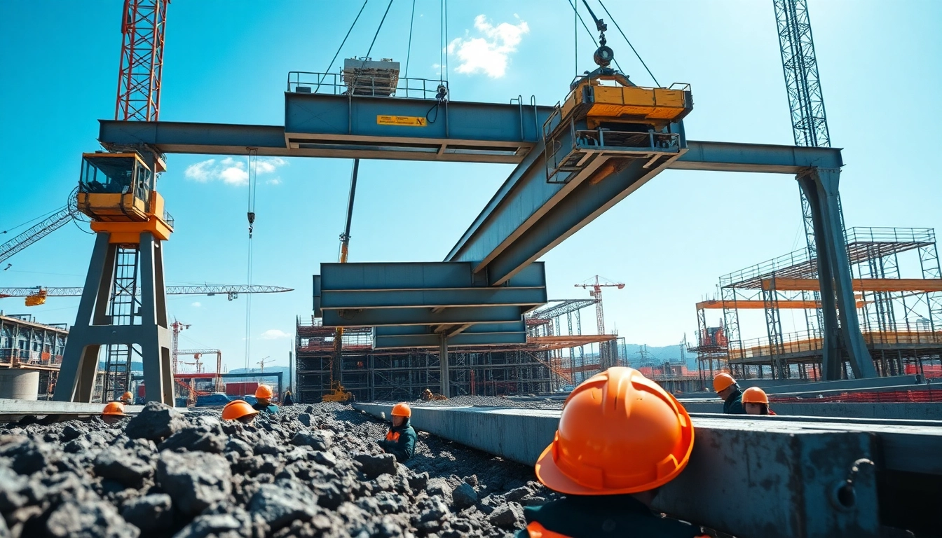 Structural steel installation in progress with cranes and workers amidst a busy construction site.