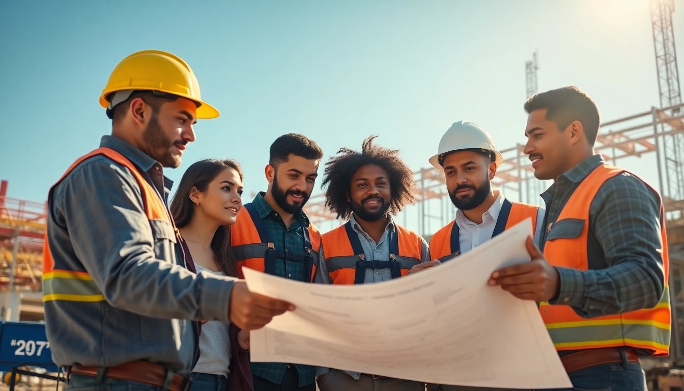 Engaged Southern California contractors association members reviewing plans on a construction site.
