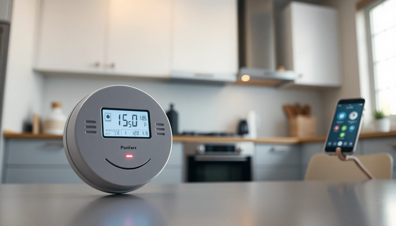 Carbon monoxide detector beeping in a kitchen setting, alerting users to safety risks.