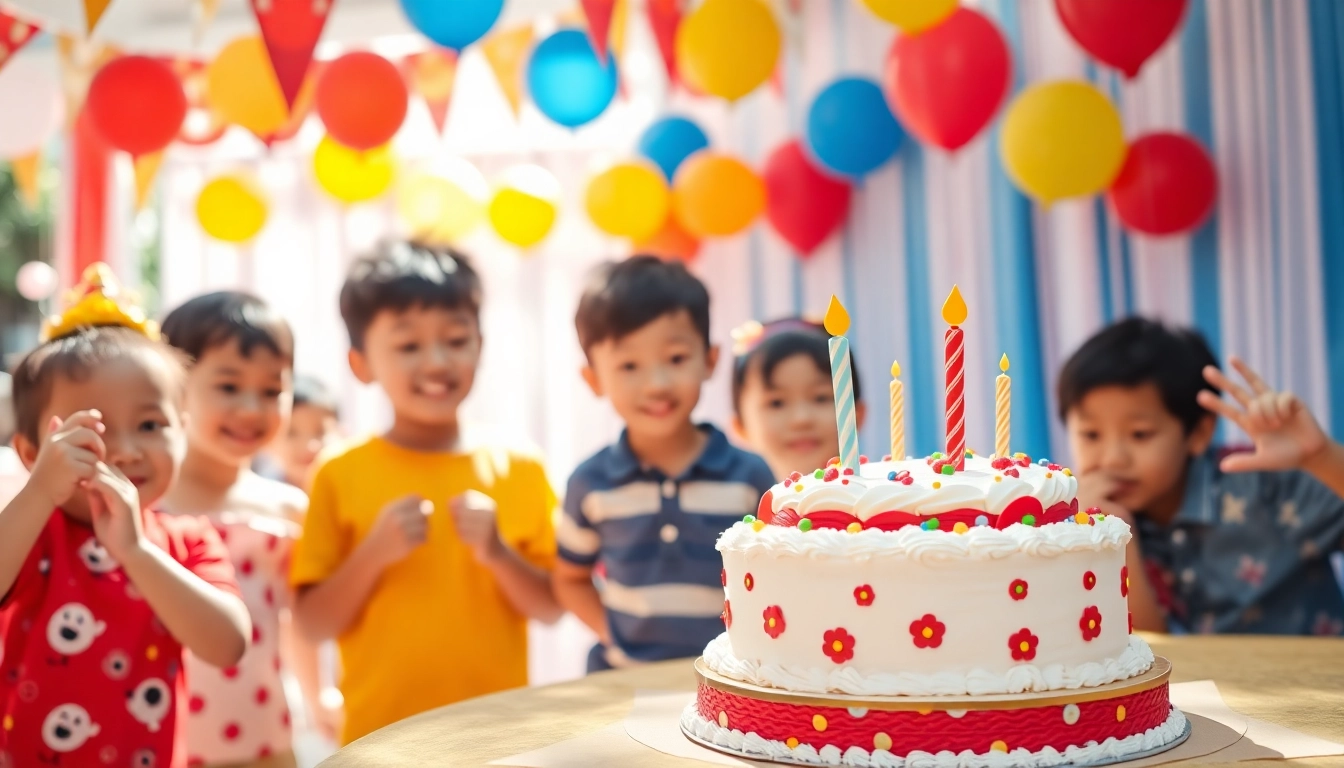 Celebrate a joyous Singapore birthday party with kids and colorful decorations in a vibrant scene.