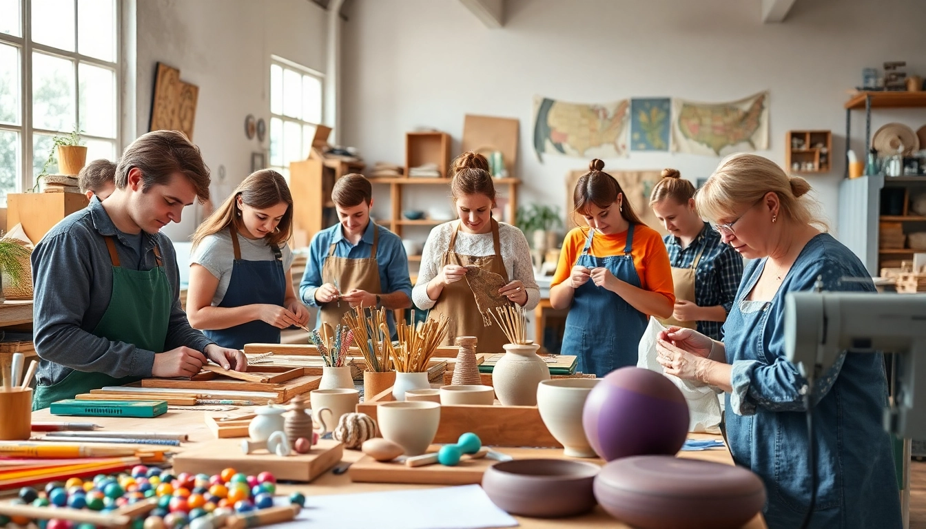 Engaged professionals showcase craft training programs in a vibrant workshop.