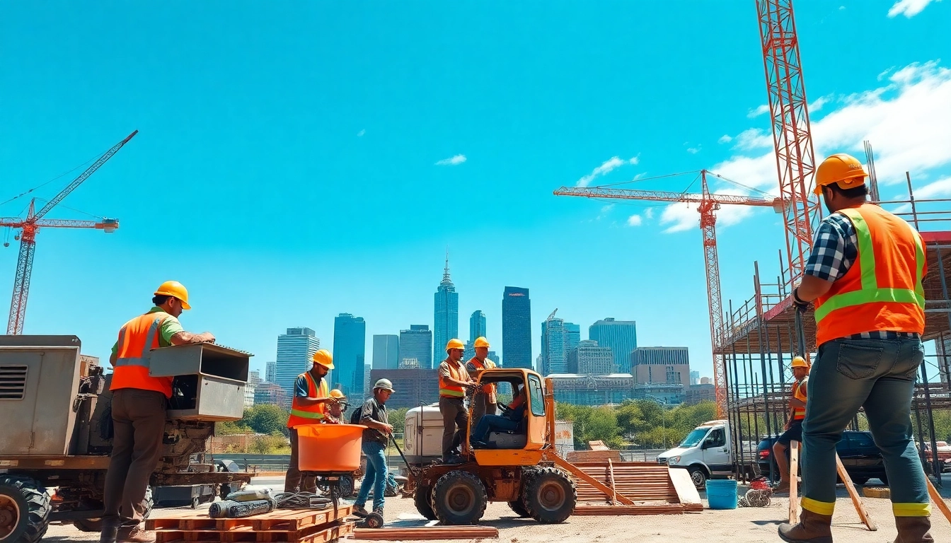 Workers engaged in Austin construction project on a sunny day, showcasing teamwork and progress.