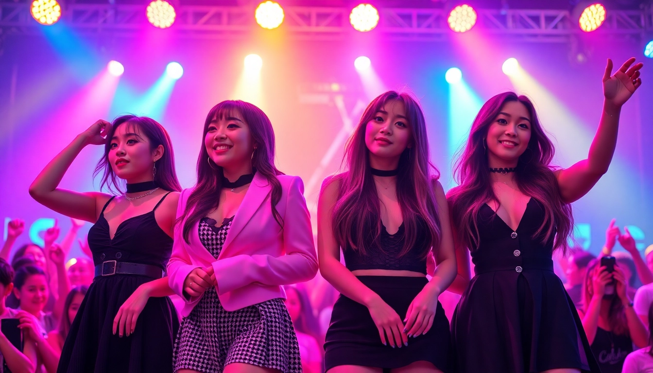 Dynamic performance of Blackpink members Jisoo, Jennie, Rosé, and Lisa during a concert.