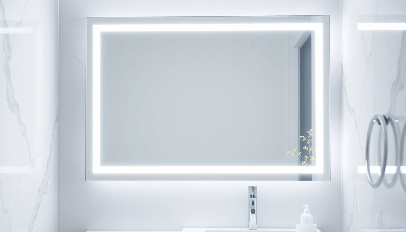 Reflective bathroom mirror with LED light enhancing modern aesthetics and functionality.