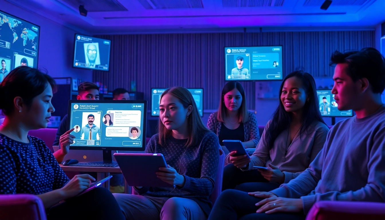 Engaging scene of users interacting with NSFW AI chatbots in a futuristic setting.