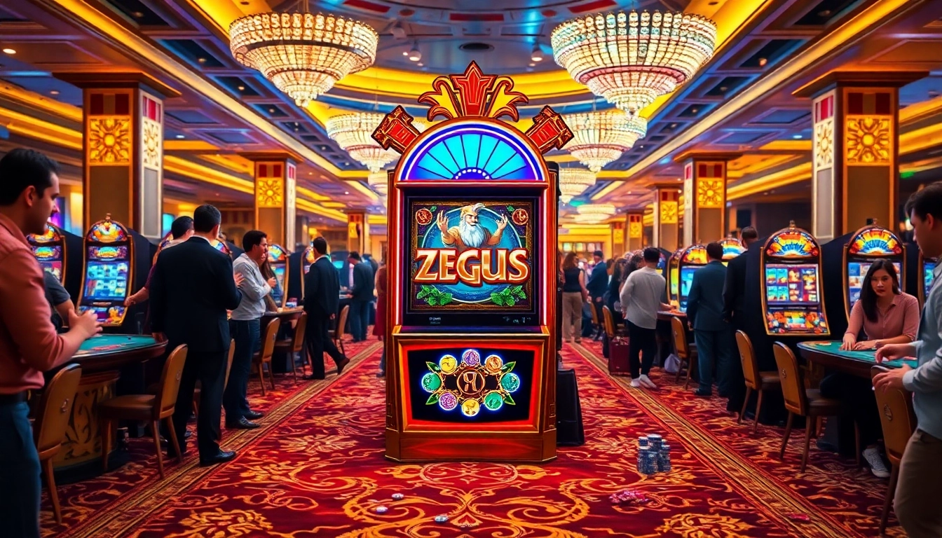 Permainan yang mendebarkan pada mesin slot Zeus di kasino mewah, menampilkan warna-warna cerah dan suasana yang mendebarkan.