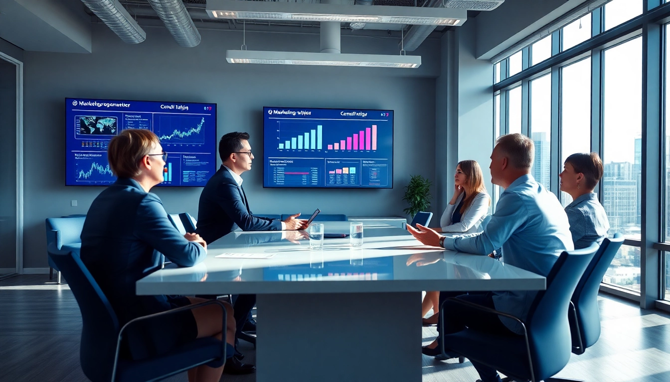 Marketing Consultant advising clients in a modern office setting with digital marketing displays.