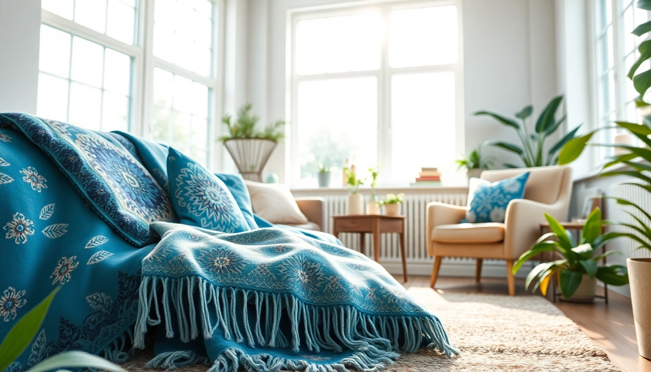 Bekijk de populaire stoffen collectie met stijlvolle kussens en een prachtig dekentje in een gezellige woonkamer.