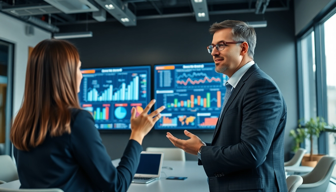 Crisis management consultant analyzing data with clients to strategize effective solutions.