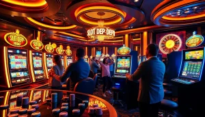 Para pemain menikmati sensasi Slot Depo 1000 dalam suasana kasino mewah dengan pencahayaan yang hidup.