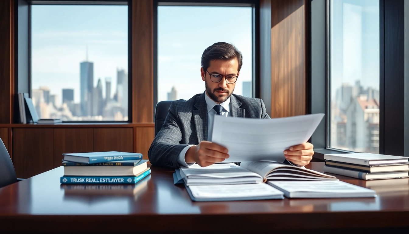 Brooklyn Real Estate Lawyer reviewing files in a contemporary office with city views.