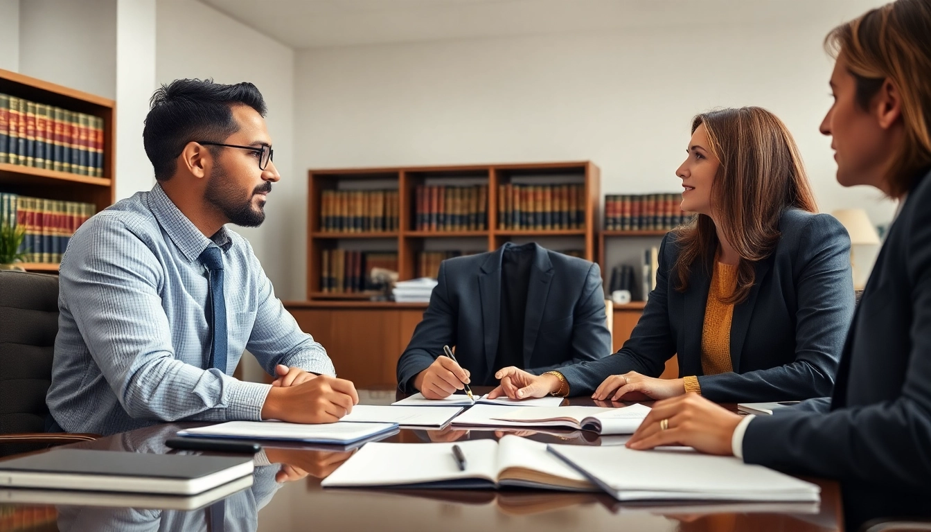 Broward County litigation lawyer consulting clients in a modern law office