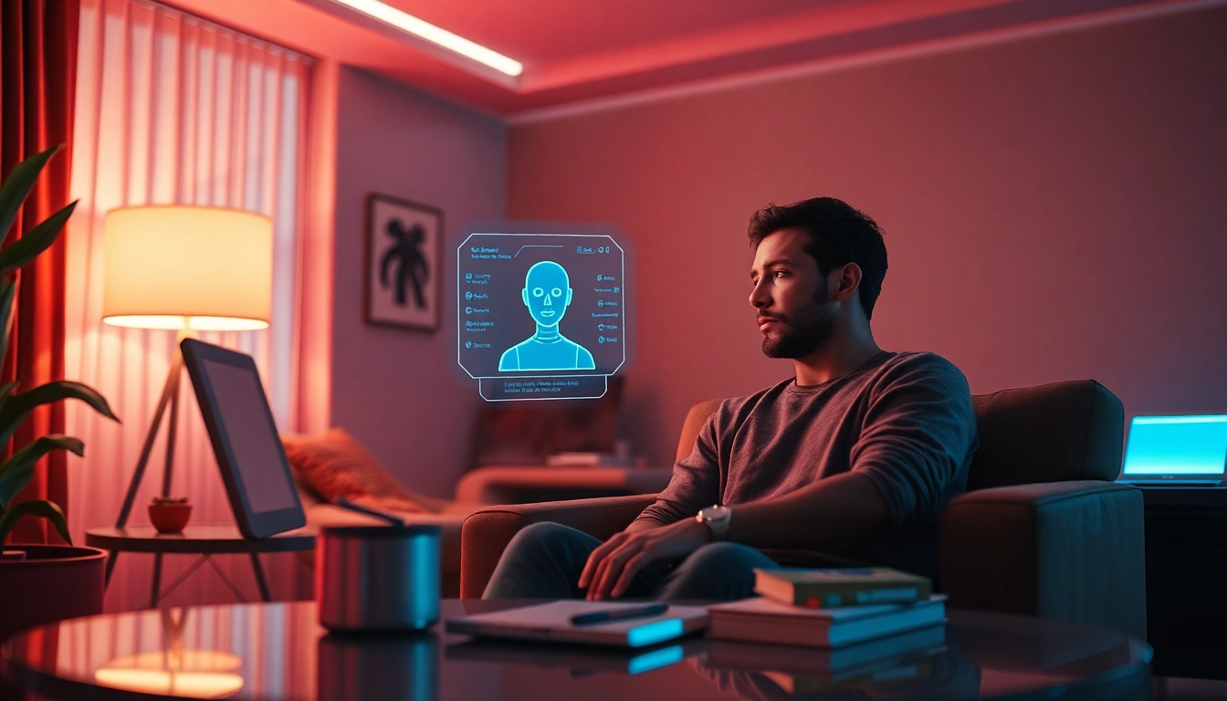 A user engaged in an AI sex chat with a holographic chatbot in a cozy setting, highlighting intimate technology interaction.