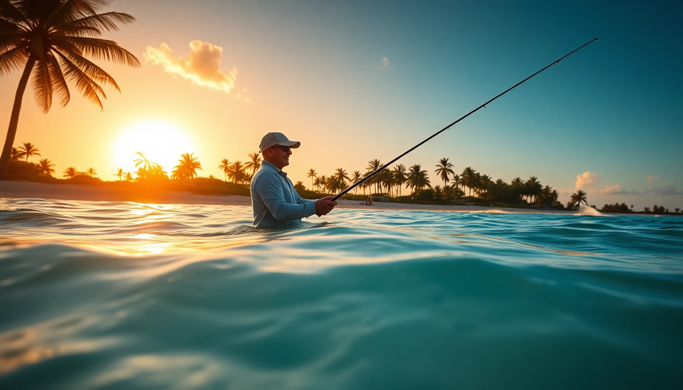 Angler engaged in saltwater fly fishing on a tropical beach at sunset.