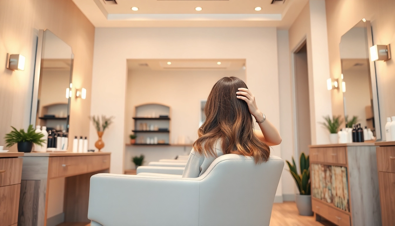 Addendum salon interior featuring a professional stylist highlighting a client's hair in a chic environment.