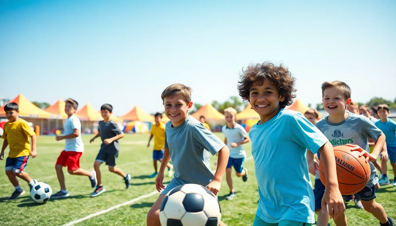 Children enjoying Multi Sports Camps for Boys with soccer and basketball activities in a vibrant outdoor setting.