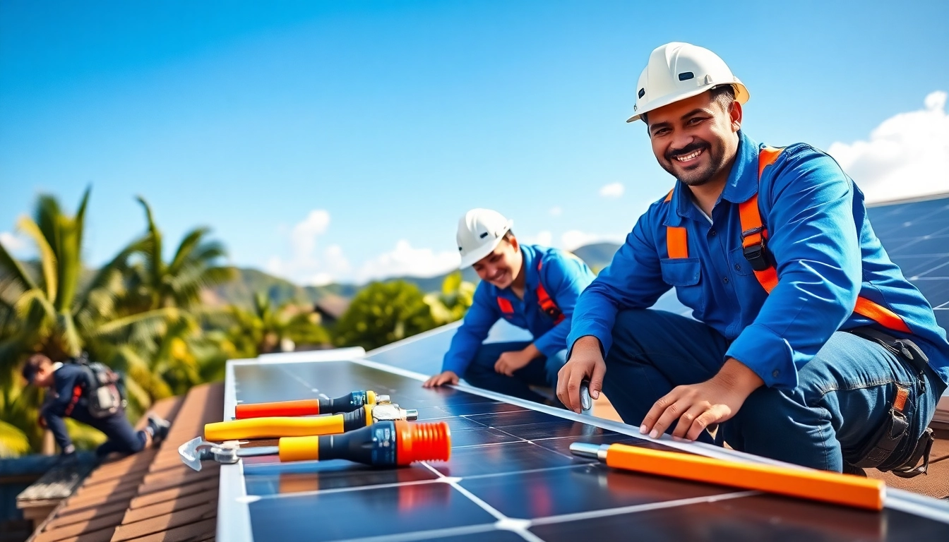 Electrician apprenticeship Hawaii: apprentices collaborating on solar panel installation in Hawaii.