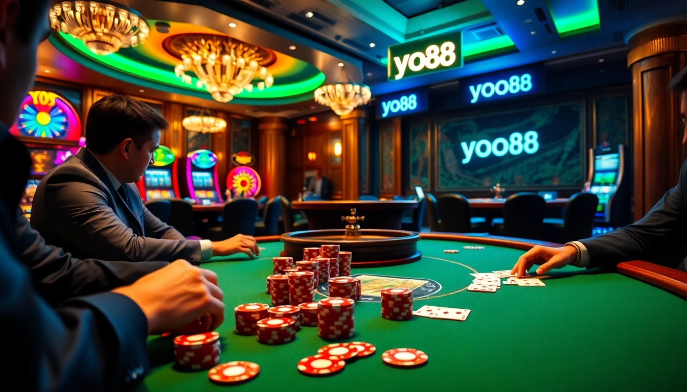 yo88 casino players engaged in an exciting high-stakes poker game with vibrant chips and cards