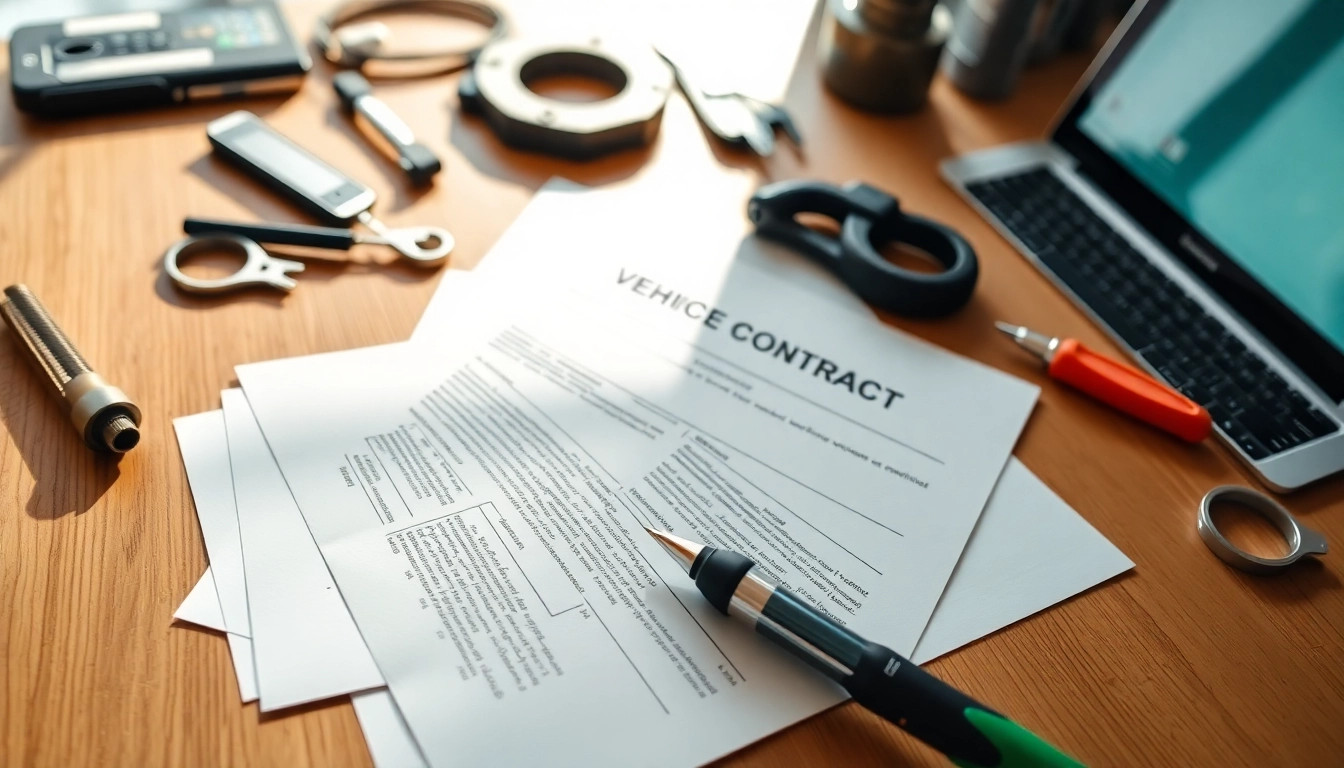Secure your vehicle service contract with organized documents and automotive tools on a desk.