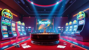 Experience the vibrant Link Haywin casino environment with colorful slot machines and poker elements.