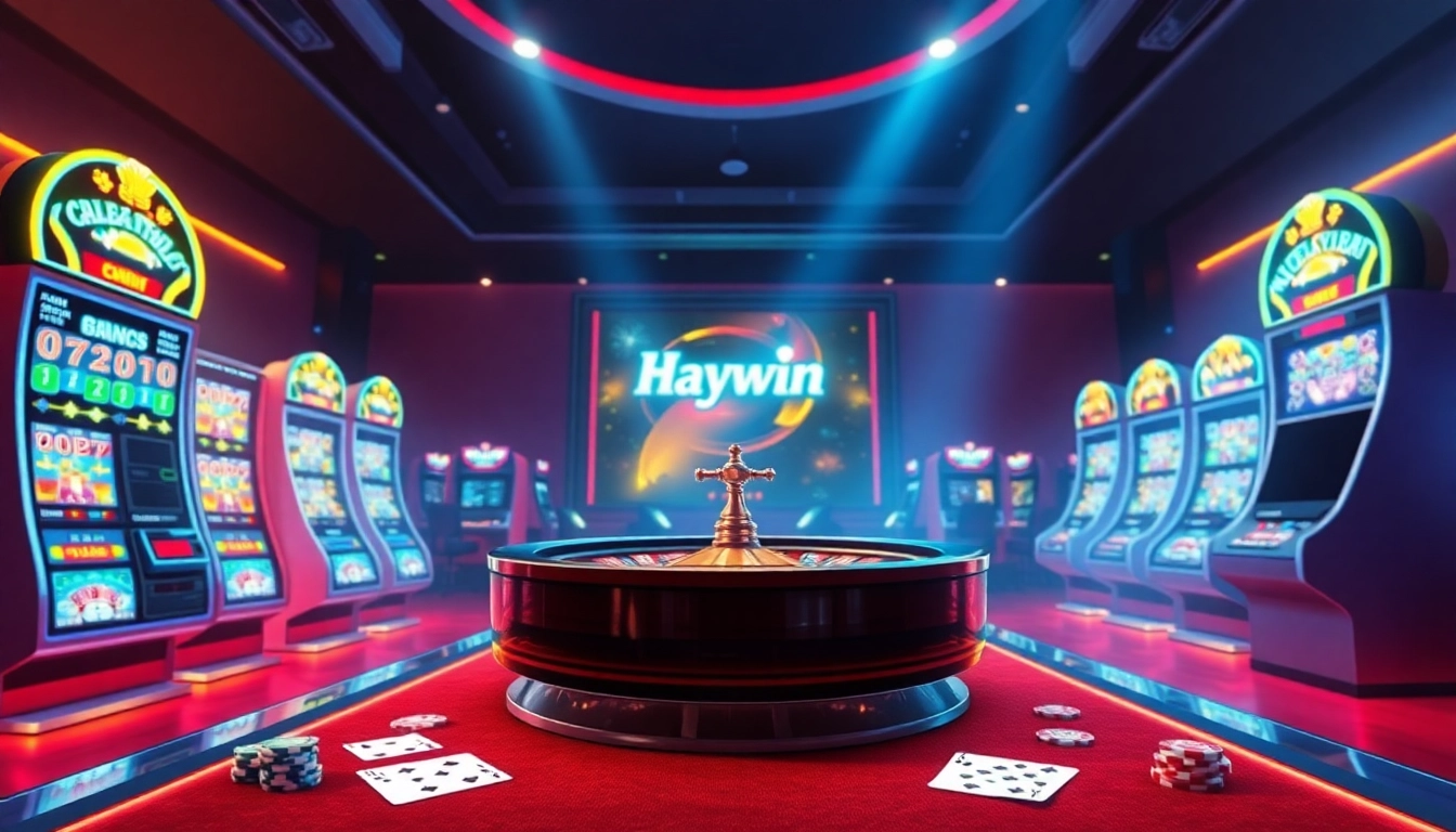 Experience the vibrant Link Haywin casino environment with colorful slot machines and poker elements.