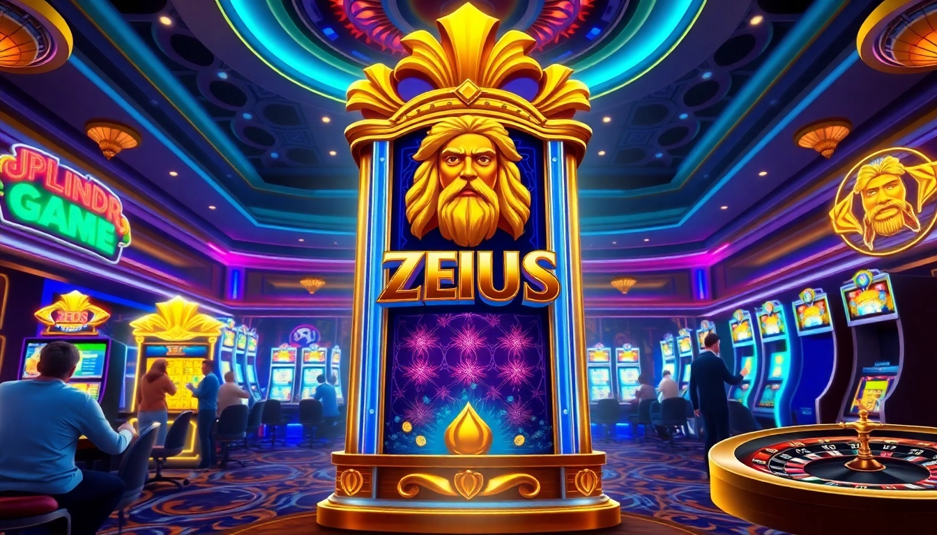 Experience the thrill of playing the zeus slot in a luxurious casino setting with vibrant lights and excited players.
