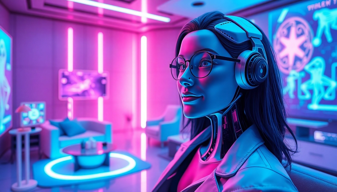 Immersive NSFW AI interaction scene showcasing futuristic tech and customizable characters.