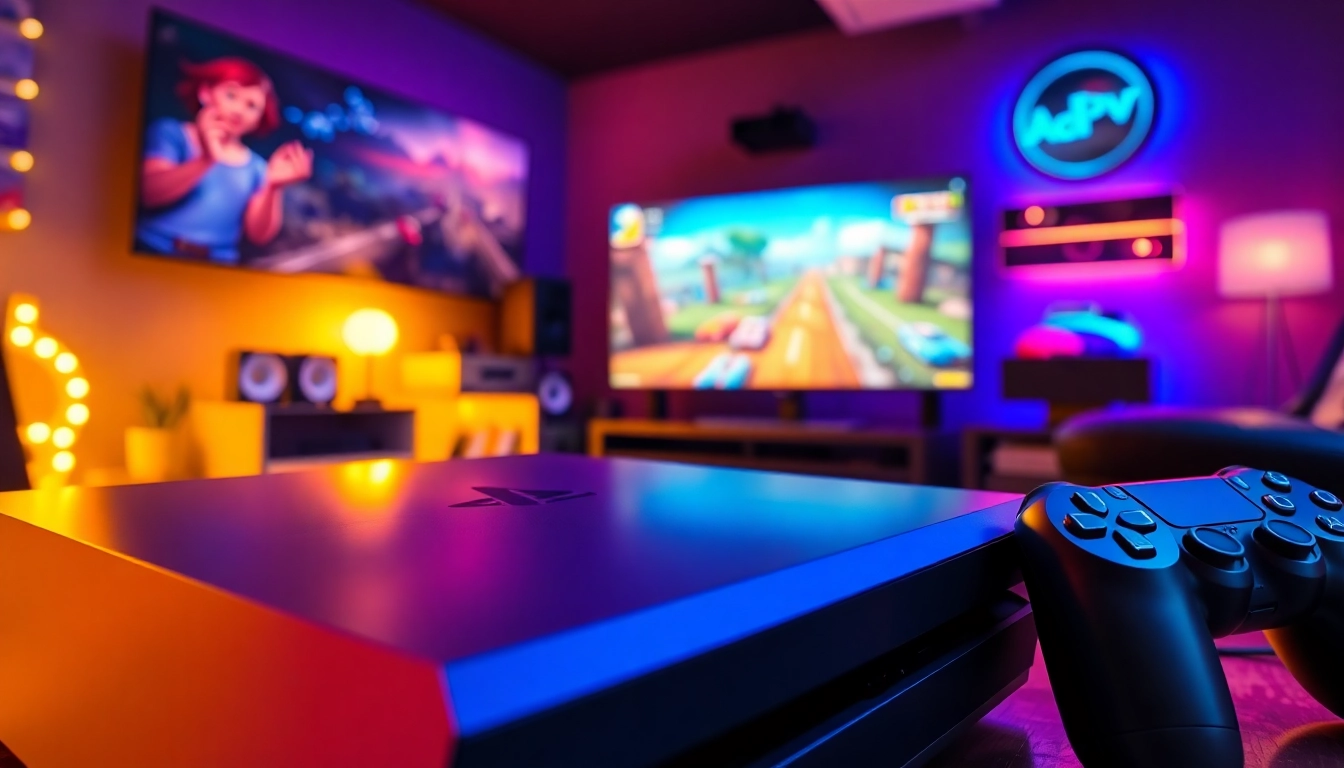 Promocje PlayStation w nowoczesnym, klimatycznym pokoju gamingowym z dynamicznym oświetleniem.