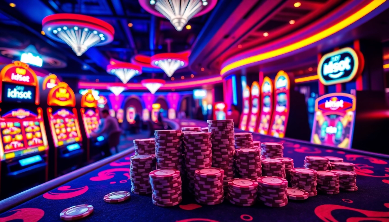 Players enjoying idnslot on vibrant casino tables with engaging slot machines and lively atmosphere.