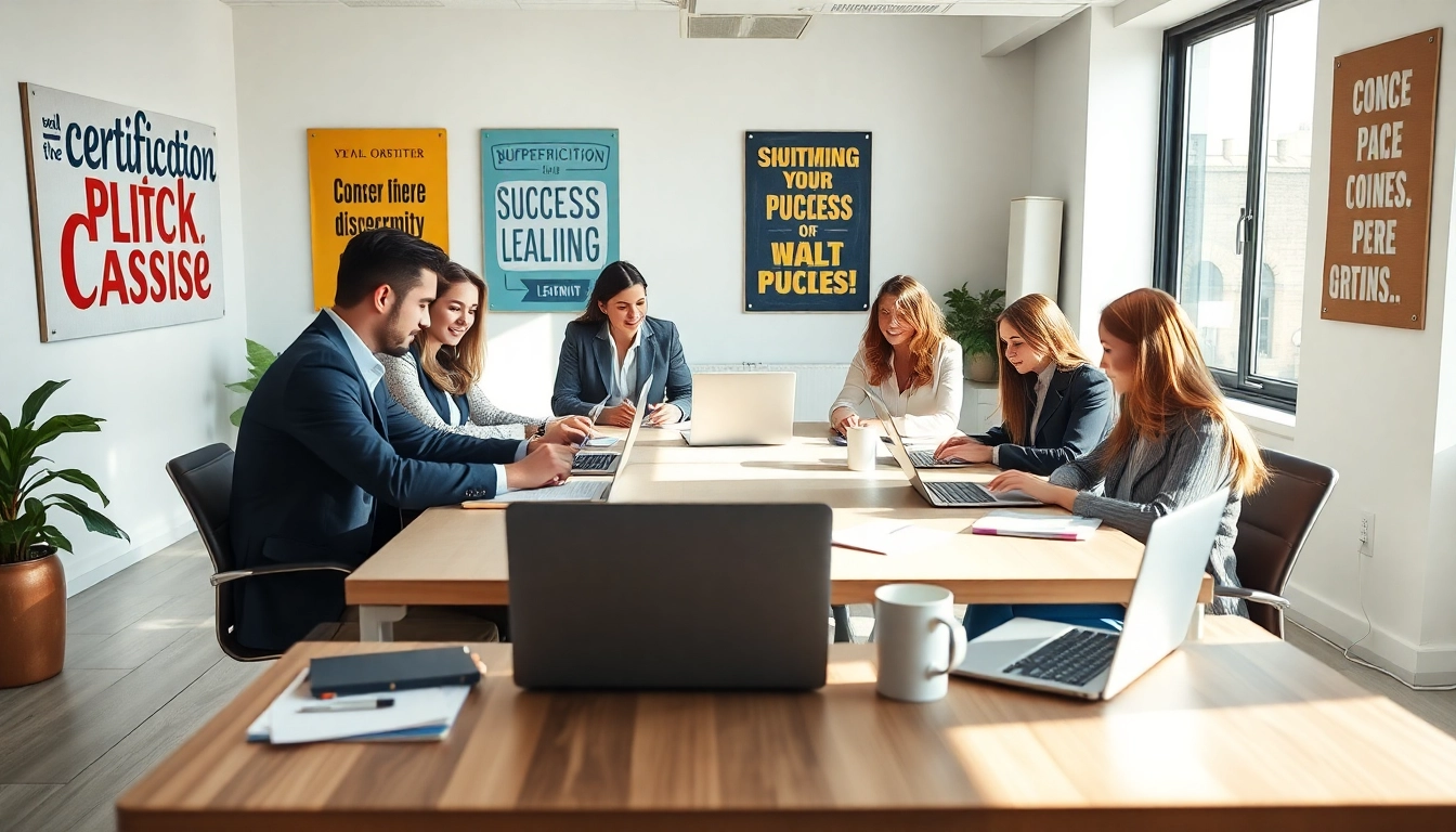 Collaboration among certification help providers in a busy office setting to depict teamwork.