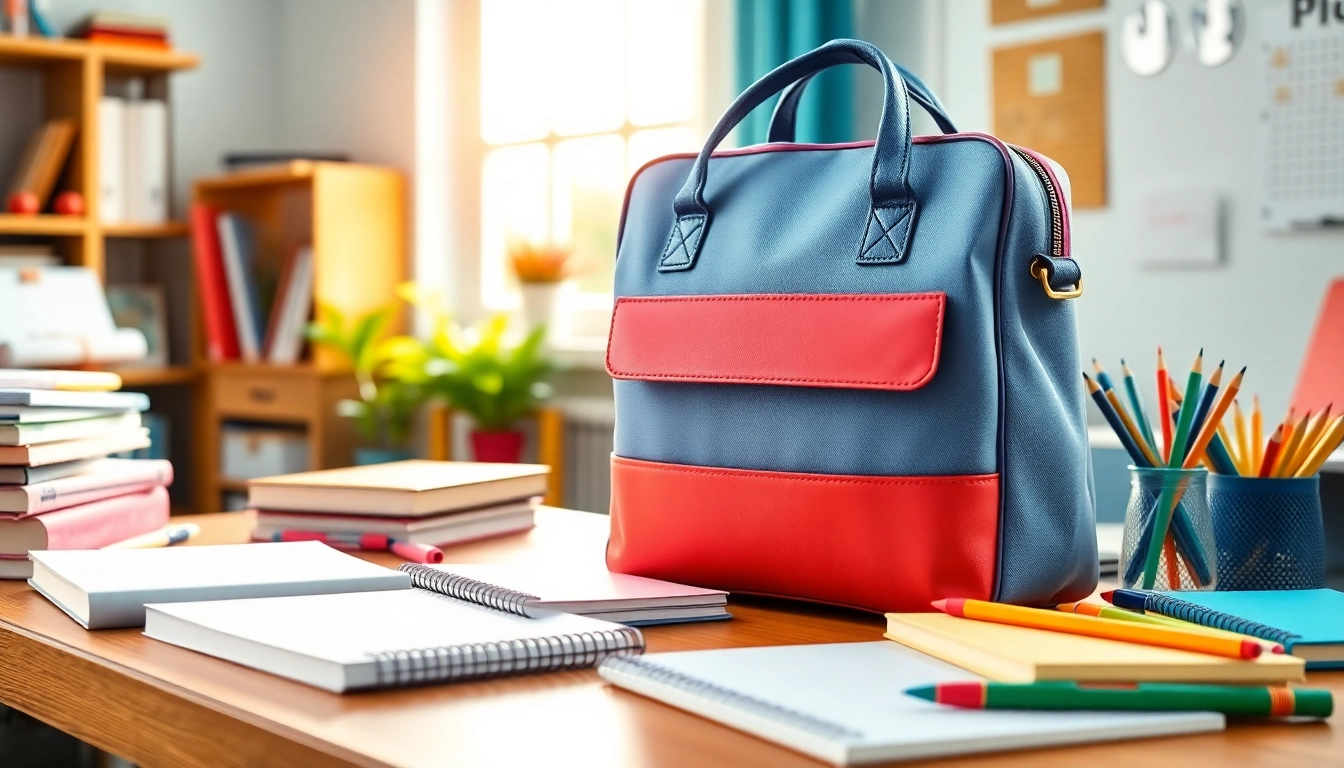 Handytasche Schule auf einem Schreibtisch mit Schulmaterialien, die stilvolle Designs zeigen.