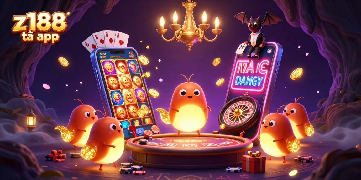 Experience the excitement of z188 tải app with a lively 3D casino scene showcasing vibrant glowworms and games.